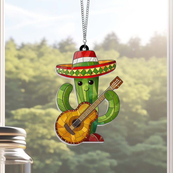 Cinco De Mayo Cactus Wearing Sombrero Guitar Suncatcher Mexican Holiday Acrylic Hanging Sign TQN4645AS