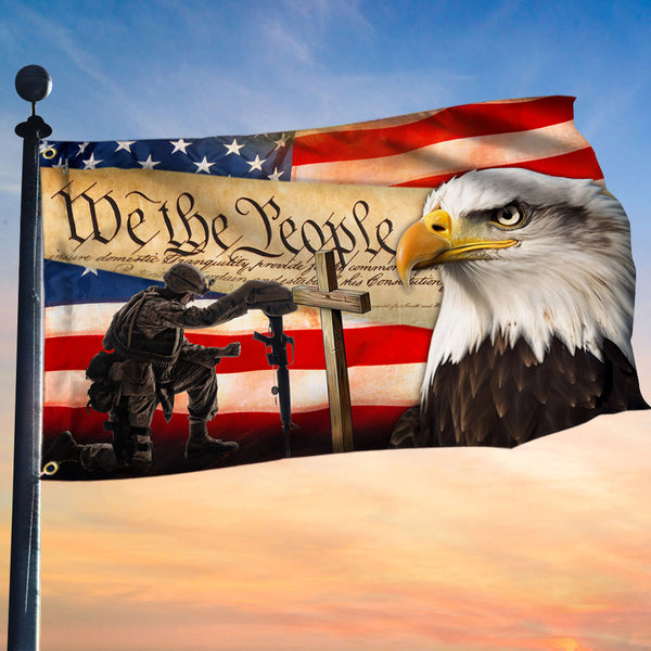 Veteran Kneeling Cross Patriot Eagle We The People Grommet Flag MLN2774GF