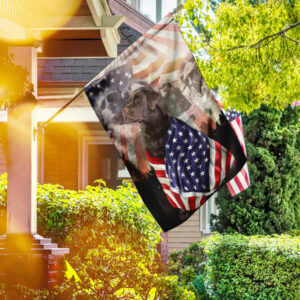 Patriotic Chocolate Labrador Retriever With Mount Rushmore Flag
