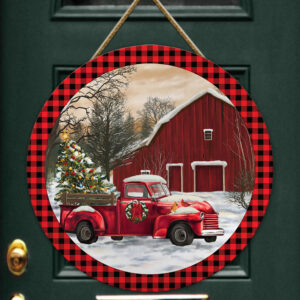 Christmas Wooden Sign Barn Farmhouse Christmas Red Truck Round Sign TRL1508WD