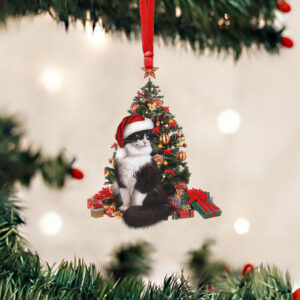 Santa Cat Custom – Shaped Ornament Sitting In Front Of The Christmas Tree TTY360O
