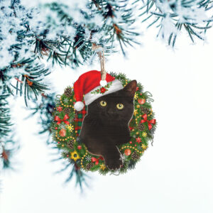Black Cat Meowy Christmas Wooden Ornament THH3449O