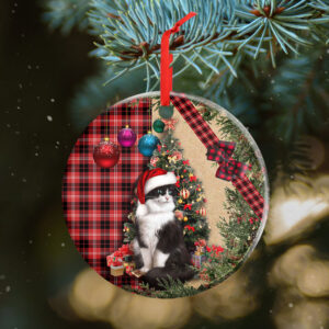 Santa Cat Ceramic Ornament Sitting In Front Of The Christmas Tree TTY360Ov1