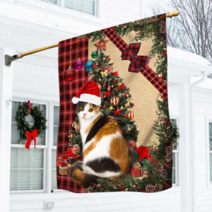 Santa Calico Cat Flag Sitting In Front Of The Christmas Tree TTY360Fv3