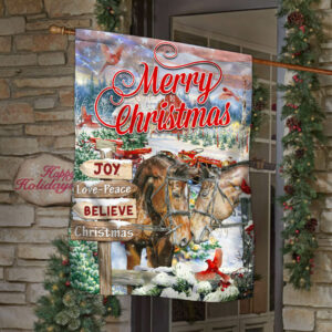 Horse Couple And Cardinals. Merry Christmas American Flag THB3608F