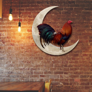 Rooster And Moon Hanging Metal Sign, Gamefowl Rooster, Fighting Rooster QNK1005MSv1b