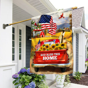 God Bless This Home, Sunflower Red Truck, Christian Cross American Flag TPT192F