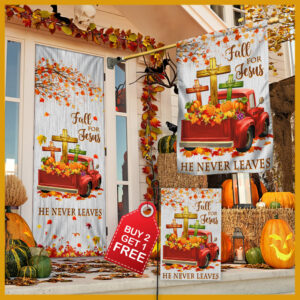 Fall Halloween Pumpkins Truck. Fall For Jesus He Never Leaves Door Cover & Banner Home Decor MLN486DS