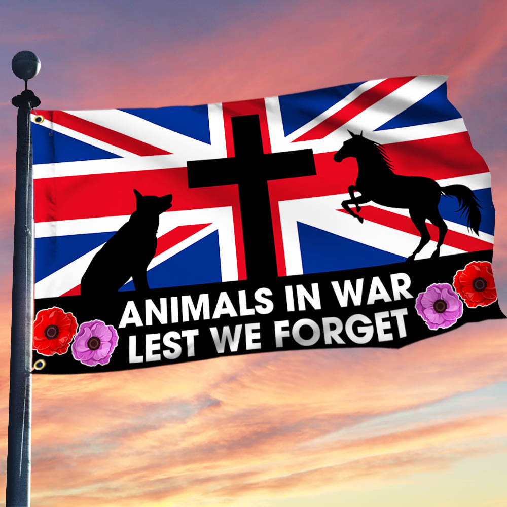 Remembrance Day Animals UK Grommet Flag Lest We Forget Animals In War Red  Purple Poppy TQN548GF - Flagwix