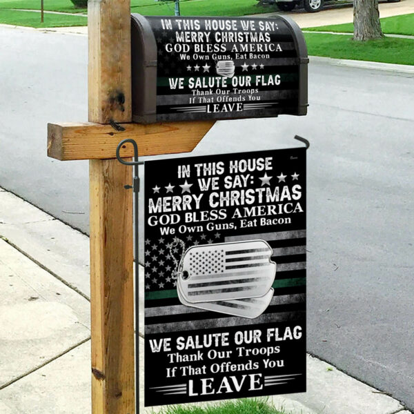 In This House We Say Merry Christmas,  God bless America,  American Garden Flag & Mailbox Cover TPT422MF