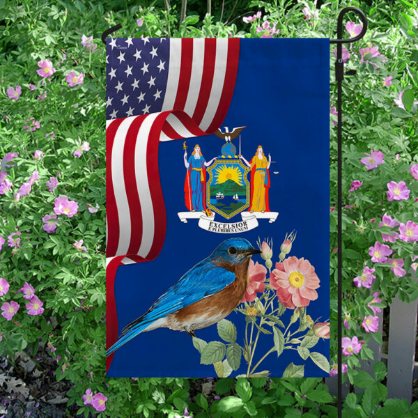 New York State Eastern Bluebird and Wild Rose Flower Flag MLN1141Fv38
