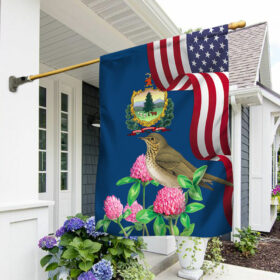 Vermont State Hermit Thrush Bird and Red Clover Flower Flag MLN1141Fv8