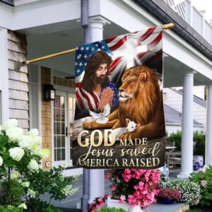 Jesus Christian Lion and Lamb God Made Jesus Saved America Raised Flag MLN1421F