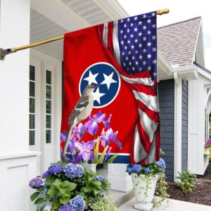 Tennessee State With Mocking Bird and Iris Flower, Tennessee American Flag TPT928F