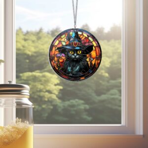 Stained Glass Black Cat Witch Halloween Acrylic Hanging Sign TQN1672HS