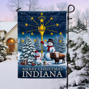 Indiana Christmas Flag Snowman with Gold Torch Merry Christmas MLN2035F