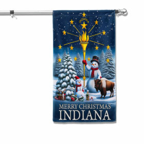 Indiana Christmas Flag Snowman with Gold Torch Merry Christmas MLN2035F