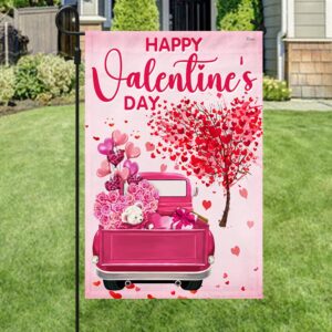 Happy Valentine's Day Pink Truck Hearts Tree Flag MLN2399F