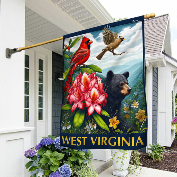 West Virginia  Cardinal and Rhododendron Flower and Black Bear Flag MLN2982F