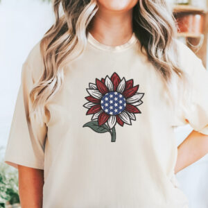 America Sunflower 4th Of July Independence Day Embroidered T-Shirt MLN3164ES