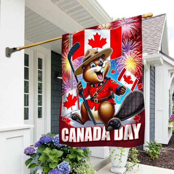 Happy Canada Day Beaver Holding A hockey Stick Flag TQN3028F