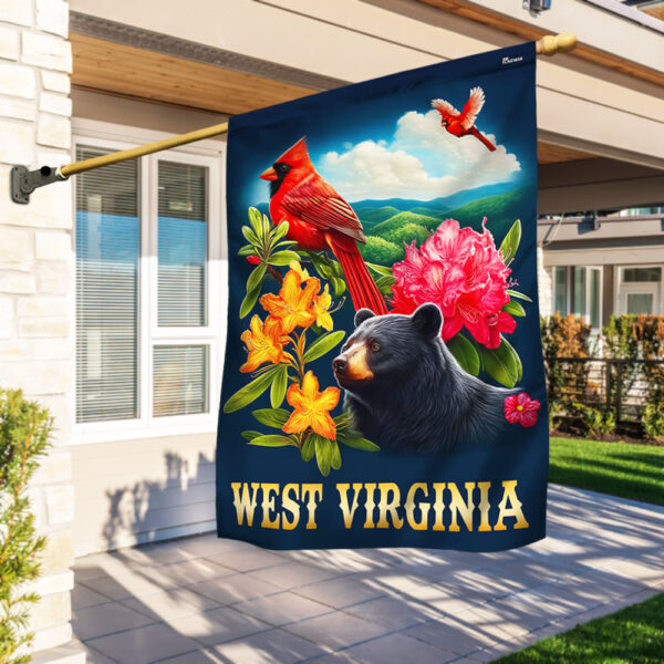West Virginia Black Bear and Cardinal and Rhododendron Flower Flag MLN2996F