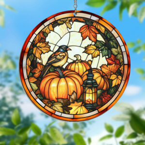 Fall Pumpkins Thanksgiving Halloween Stained Glass Window Hanging Suncatcher MLN3868WH